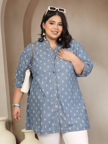 Plus Size Mandarin Collar Denim Tunic