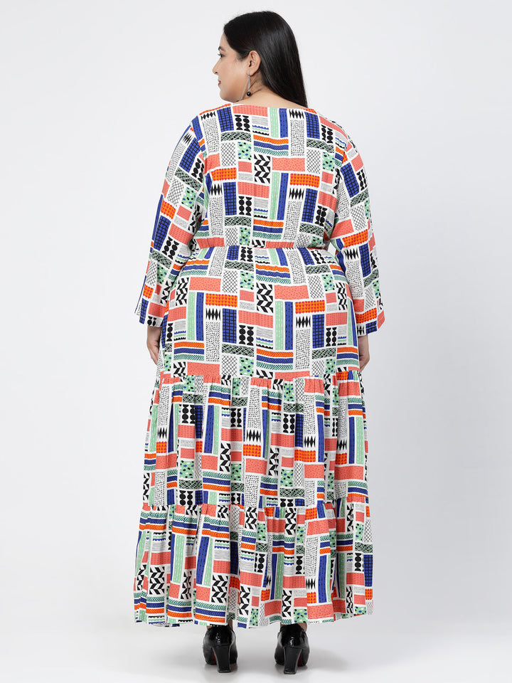 Round Neck Long Sleeves Geometric Print Maxi Plus Size Dress