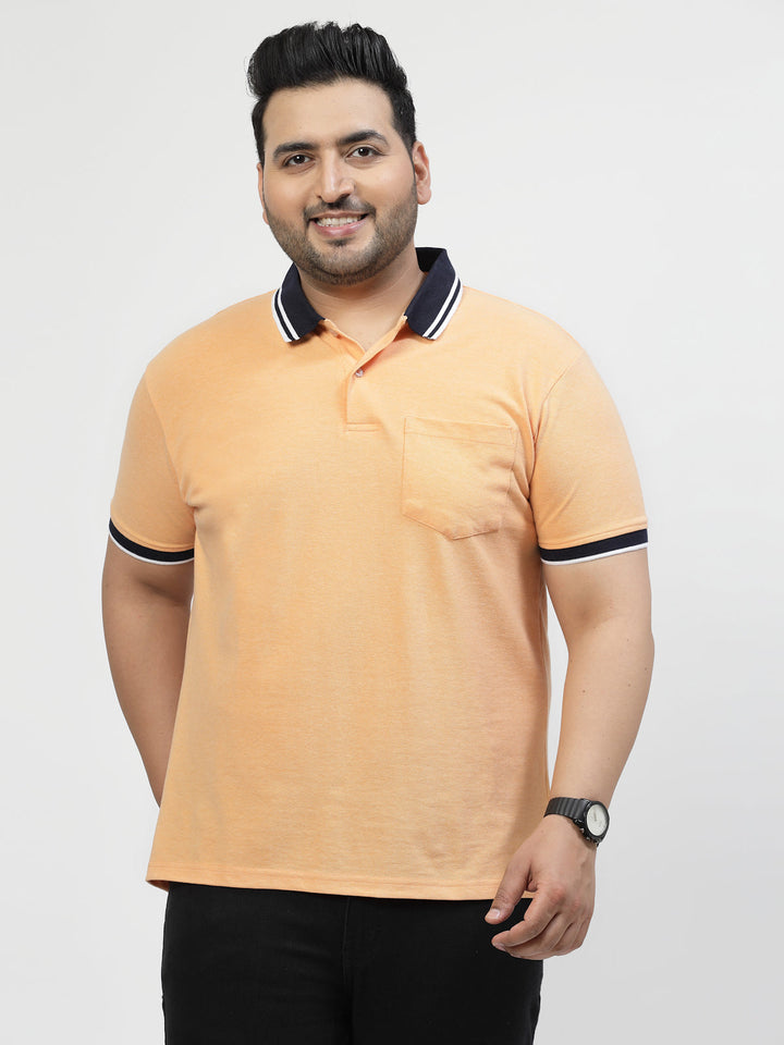 Men Plus Size Orange Polo Collar Drop-Shoulder Sleeves Cotton T-shirt