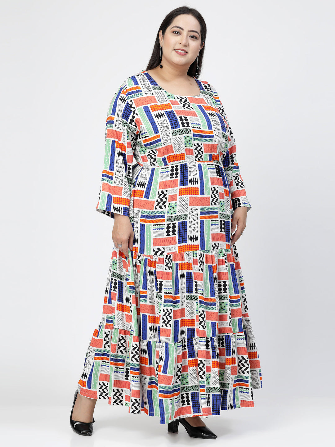 Round Neck Long Sleeves Geometric Print Maxi Plus Size Dress