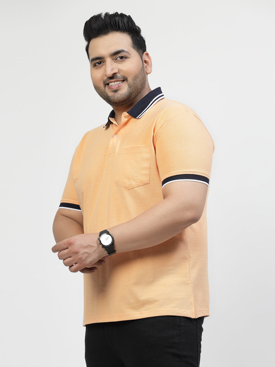 Men Plus Size Orange Polo Collar Drop-Shoulder Sleeves Cotton T-shirt