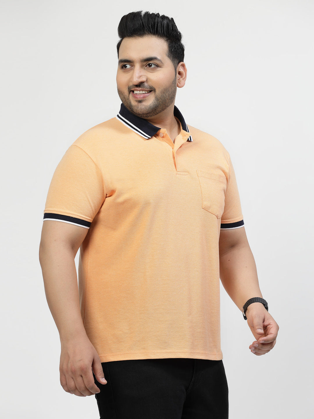 Men Plus Size Orange Polo Collar Drop-Shoulder Sleeves Cotton T-shirt