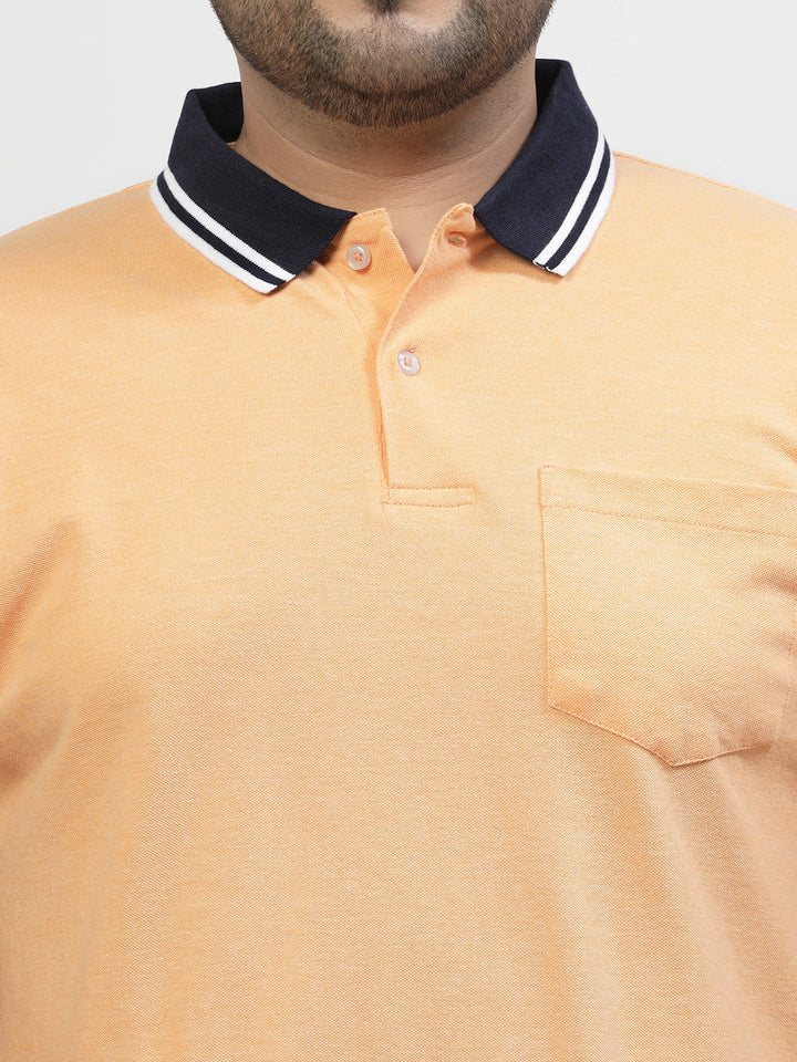 Men Plus Size Orange Polo Collar Drop-Shoulder Sleeves Cotton T-shirt