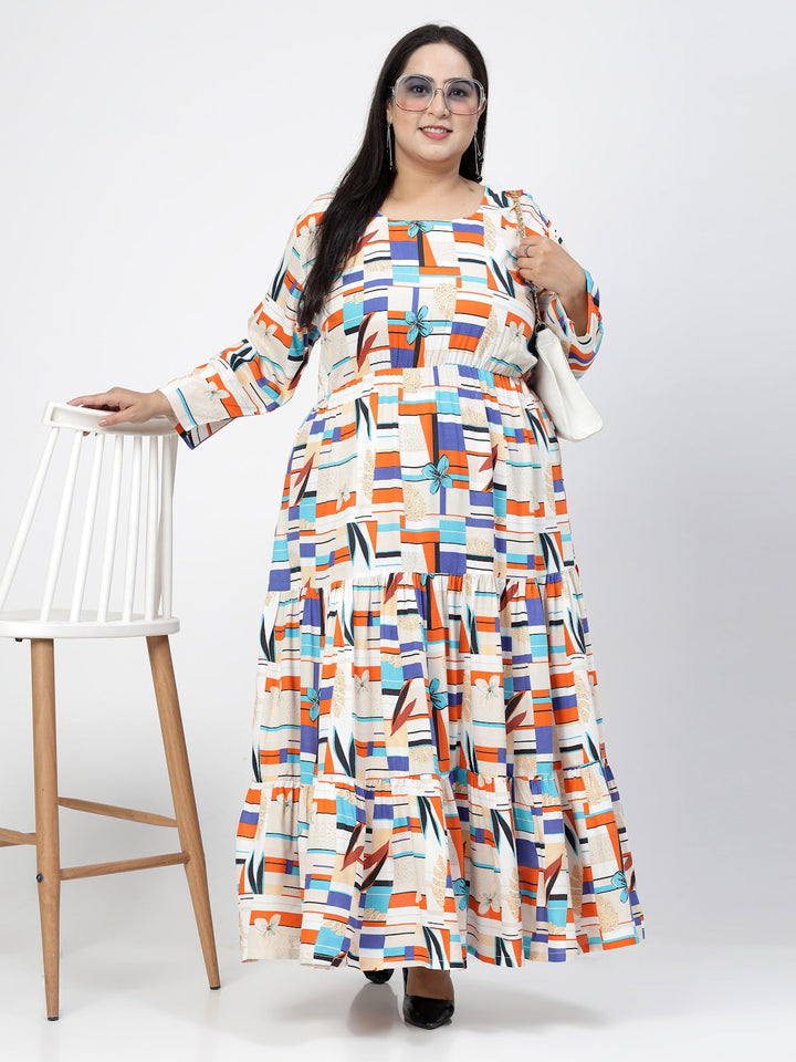 Round Neck Long Sleeves Geometric Print Maxi Plus Size Dress