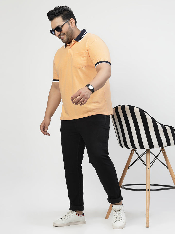 Men Plus Size Orange Polo Collar Drop-Shoulder Sleeves Cotton T-shirt