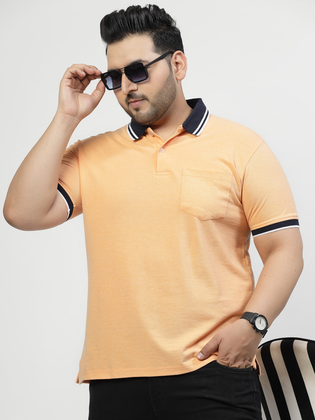 Men Plus Size Orange Polo Collar Drop-Shoulder Sleeves Cotton T-shirt