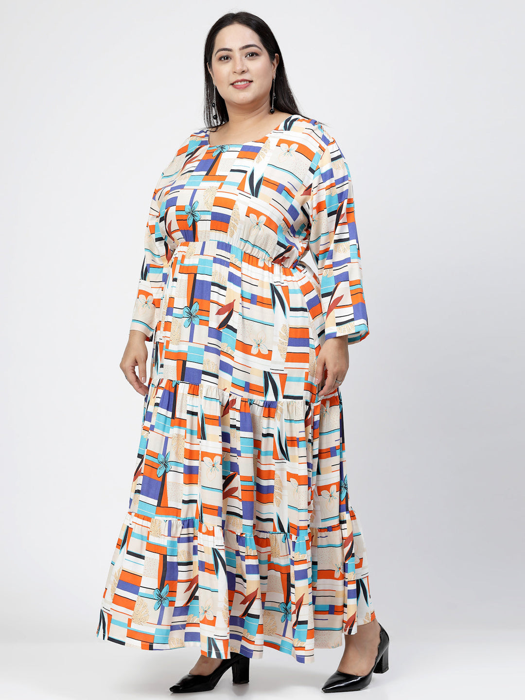 Round Neck Long Sleeves Geometric Print Maxi Plus Size Dress