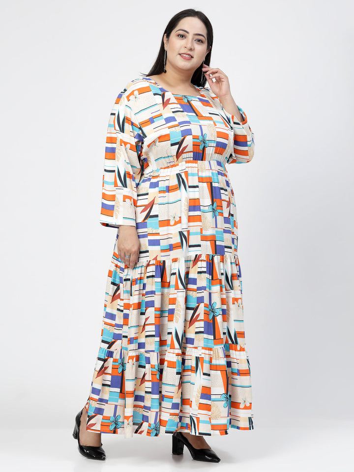 Round Neck Long Sleeves Geometric Print Maxi Plus Size Dress