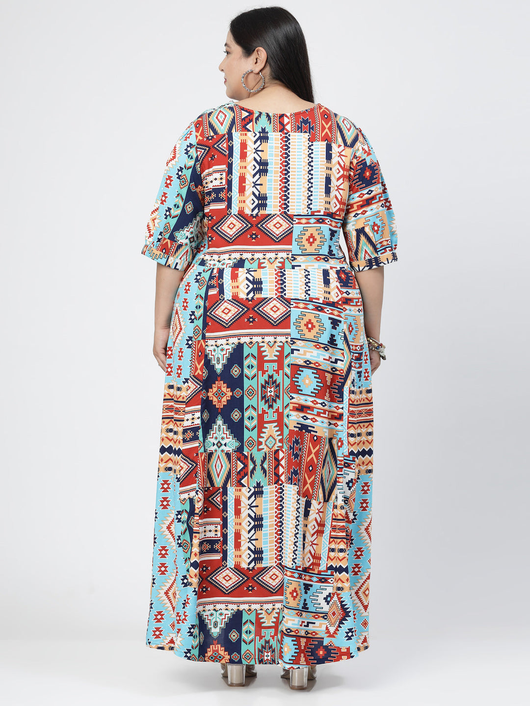 Plus Size Blue Ethnic Motifs Print Maxi Dress