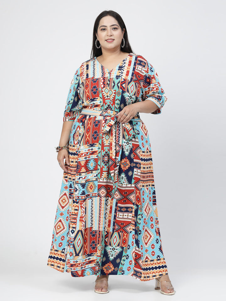 Plus Size Blue Ethnic Motifs Print Maxi Dress