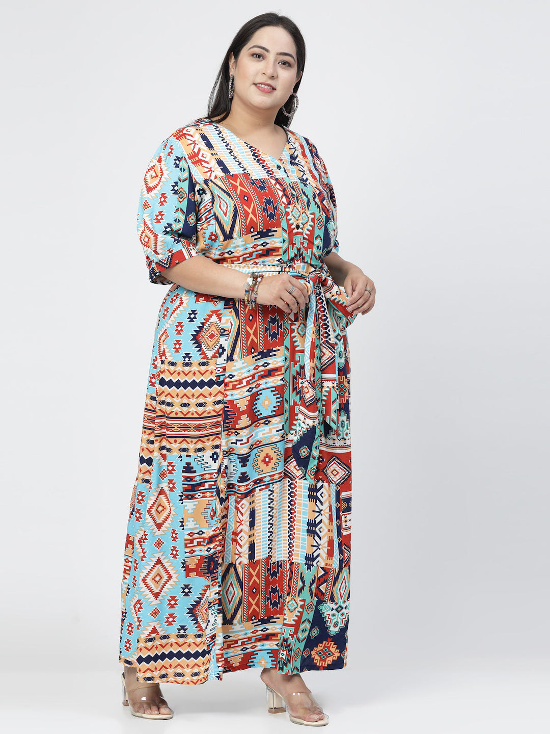 Plus Size Blue Ethnic Motifs Print Maxi Dress