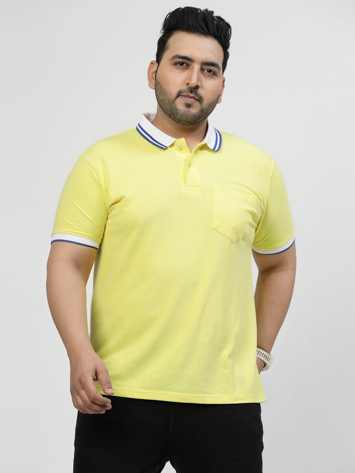 Men Plus Size Mustard Yellow Polo Collar Drop-Shoulder Sleeves Cotton T-shirt