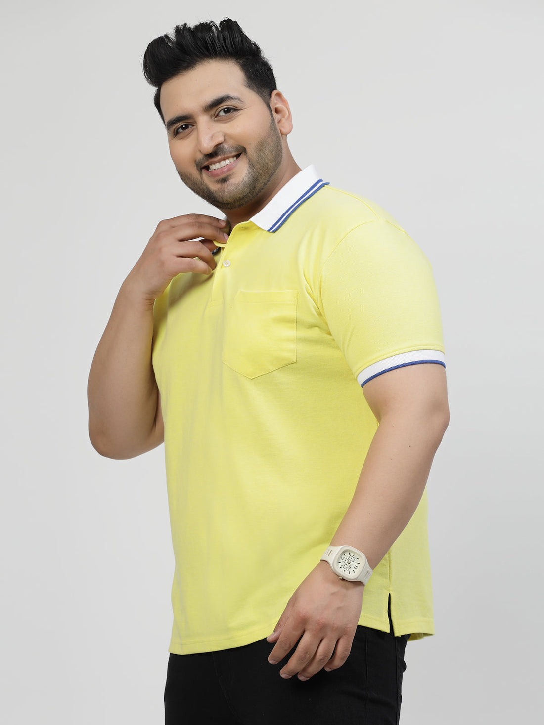 Men Plus Size Mustard Yellow Polo Collar Drop-Shoulder Sleeves Cotton T-shirt