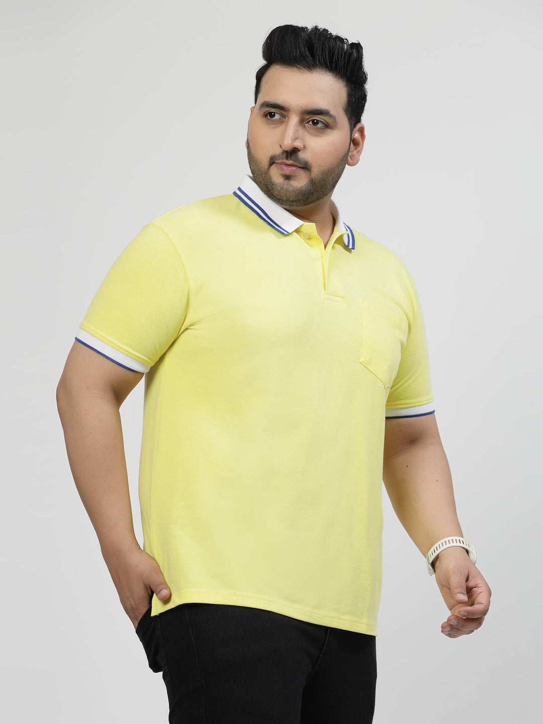 Men Plus Size Mustard Yellow Polo Collar Drop-Shoulder Sleeves Cotton T-shirt