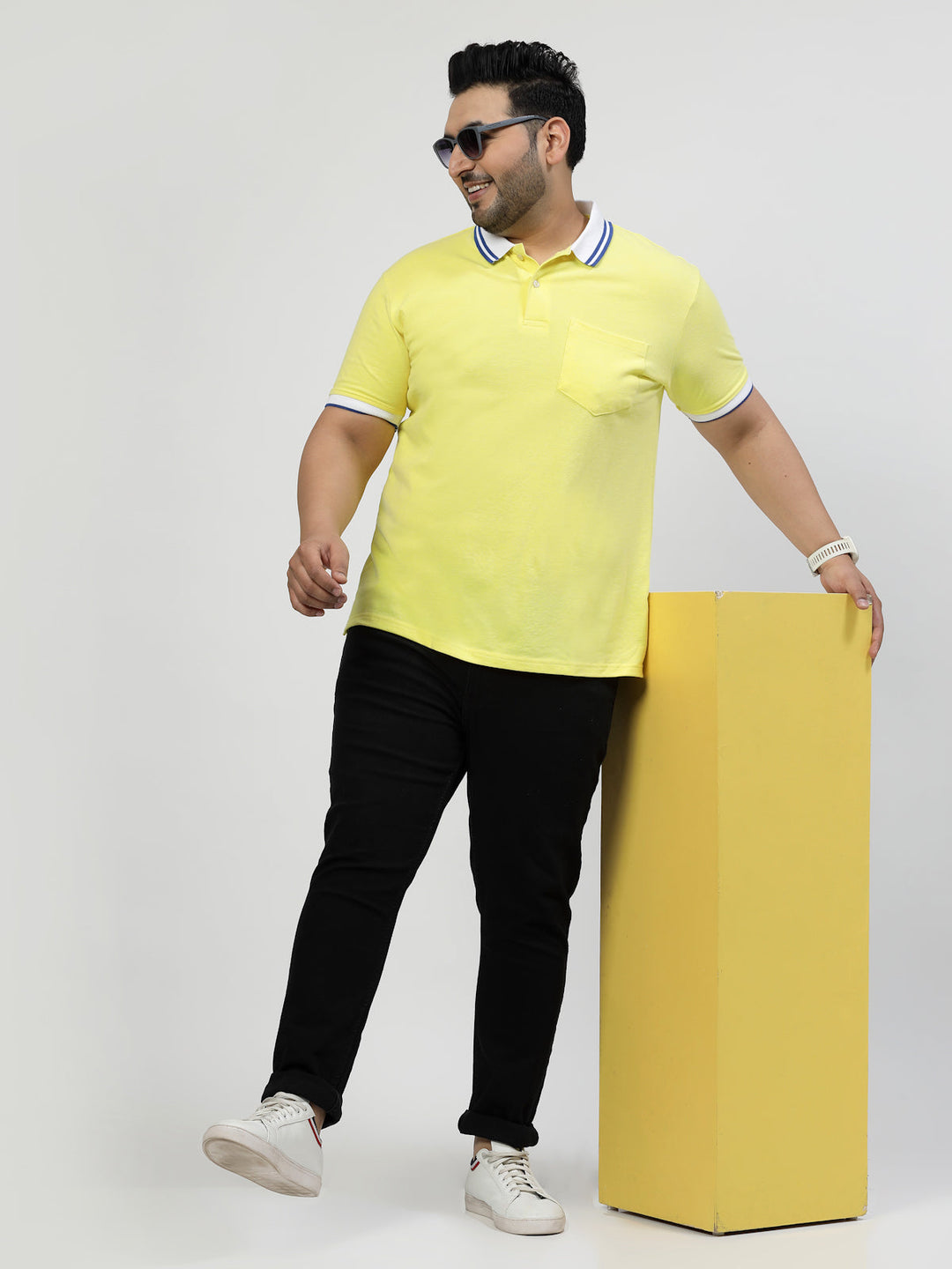 Men Plus Size Mustard Yellow Polo Collar Drop-Shoulder Sleeves Cotton T-shirt