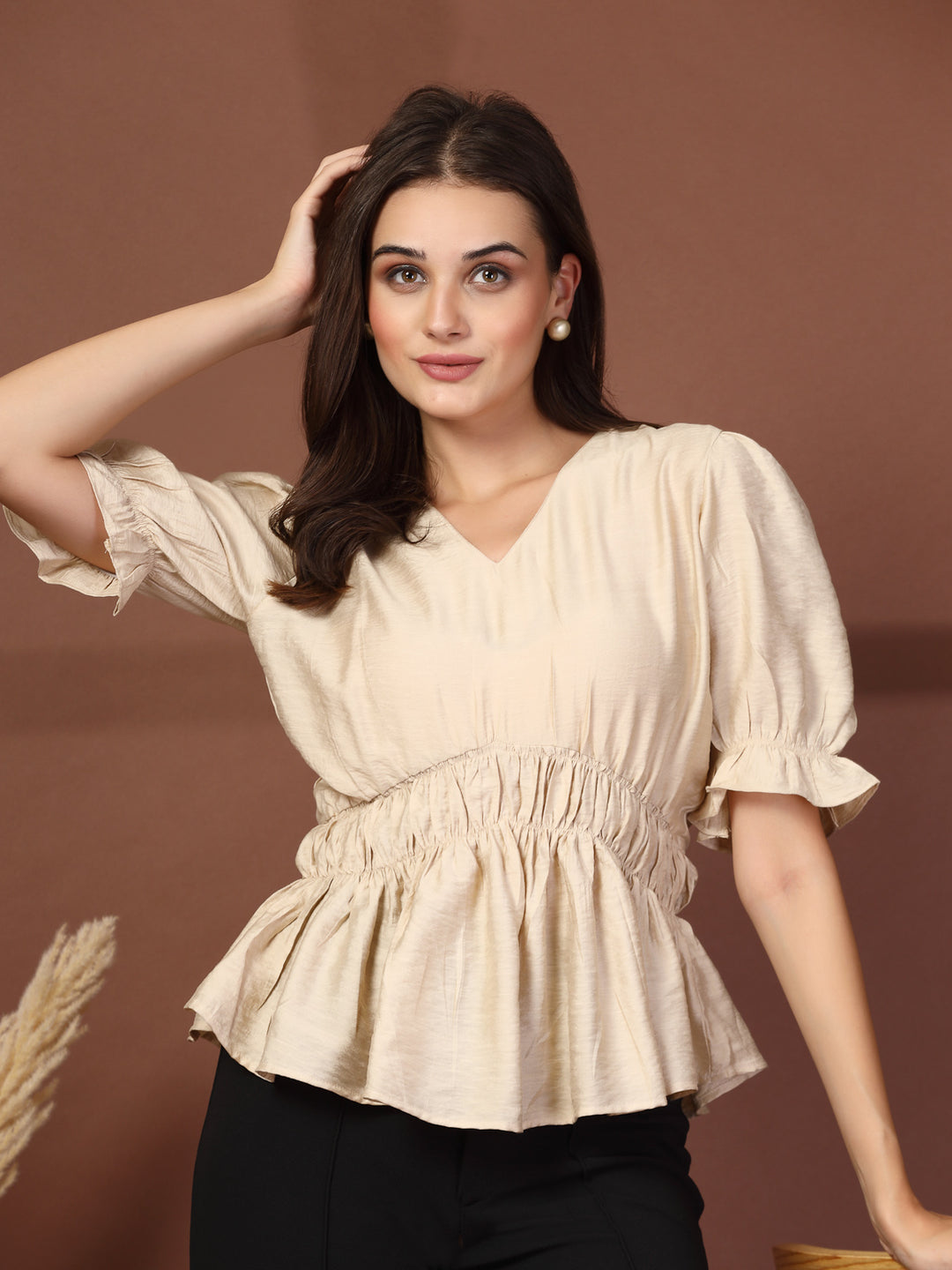 Women V-Neck Puff Sleeve Top