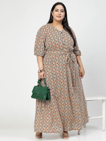 V Neck Puff Sleeves Floral Print Maxi Plus Size Dress