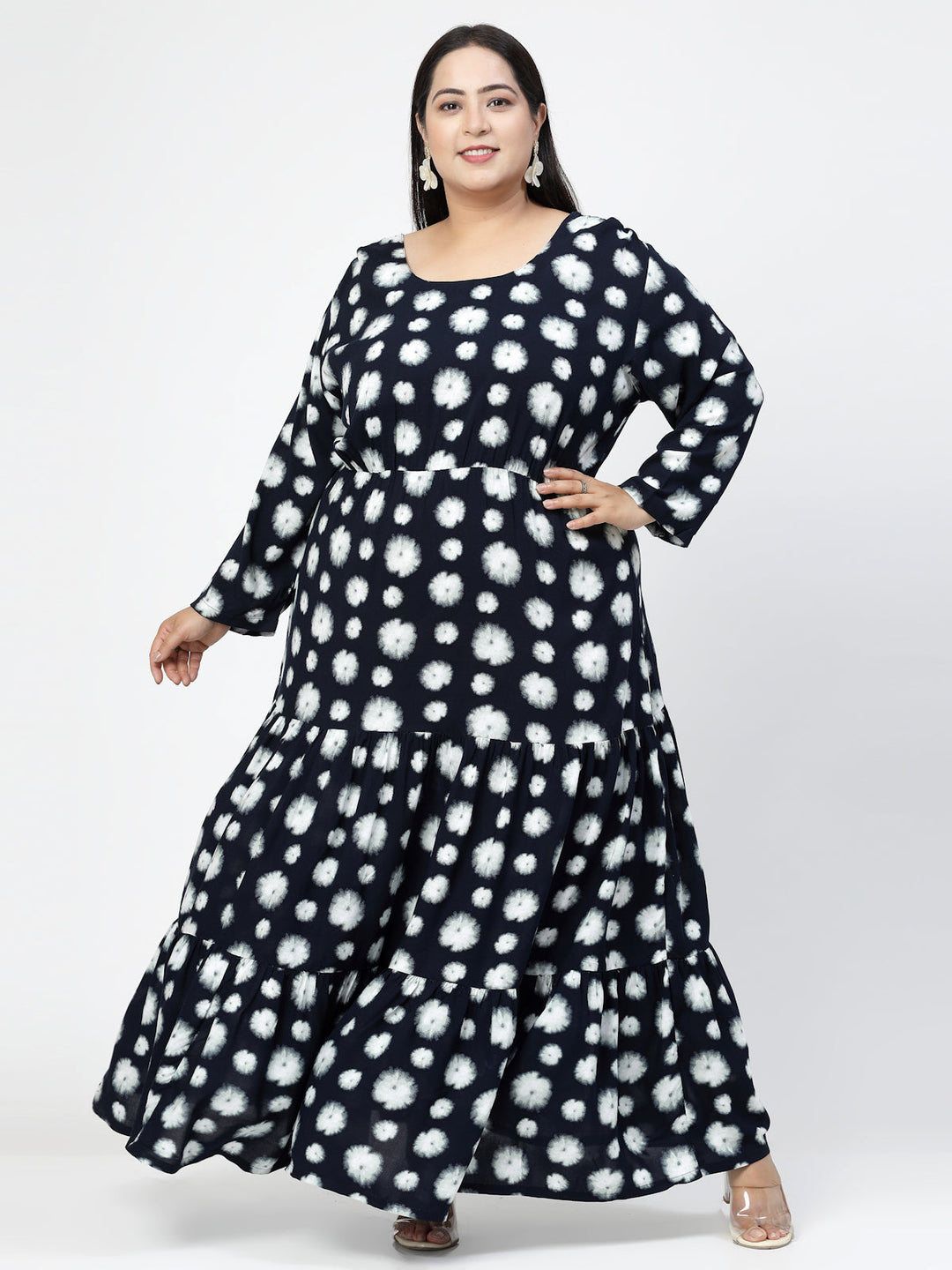 Plus Size Navy Blue Geometric Print Maxi Dress