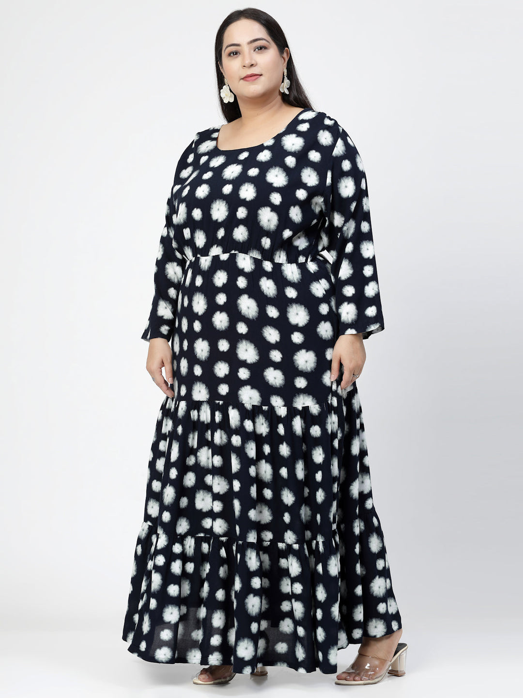 Plus Size Navy Blue Geometric Print Maxi Dress