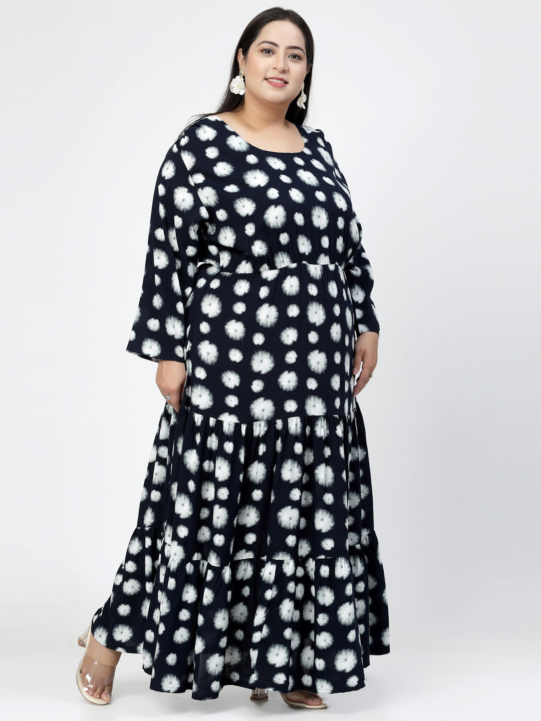 Plus Size Navy Blue Geometric Print Maxi Dress