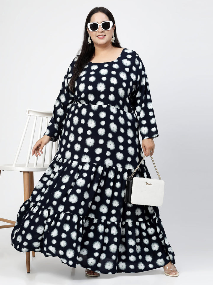 Plus Size Navy Blue Geometric Print Maxi Dress