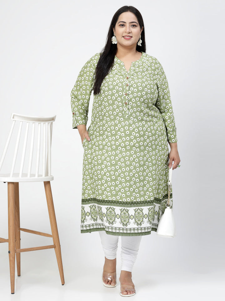 Plus Size Olive Green & White Floral Printed Notch Neck Straight Kurta