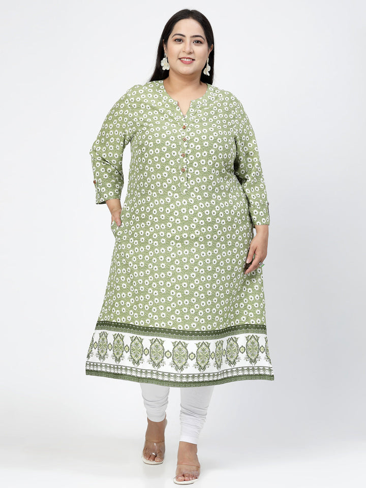 Plus Size Olive Green & White Floral Printed Notch Neck Straight Kurta