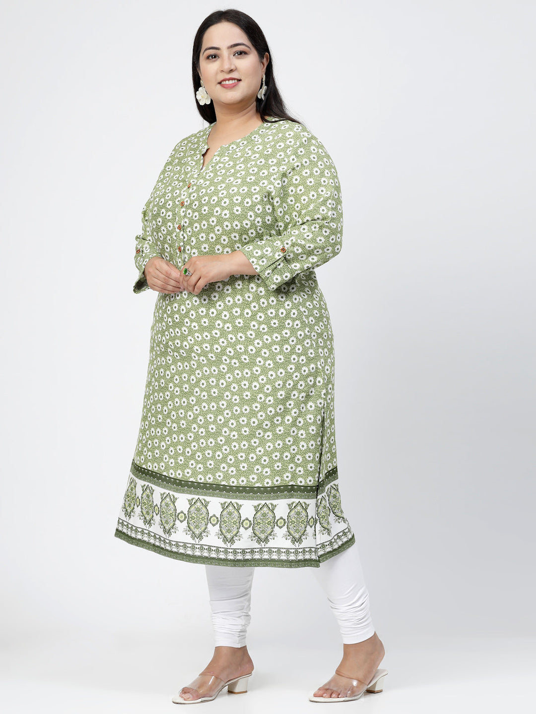 Plus Size Olive Green & White Floral Printed Notch Neck Straight Kurta