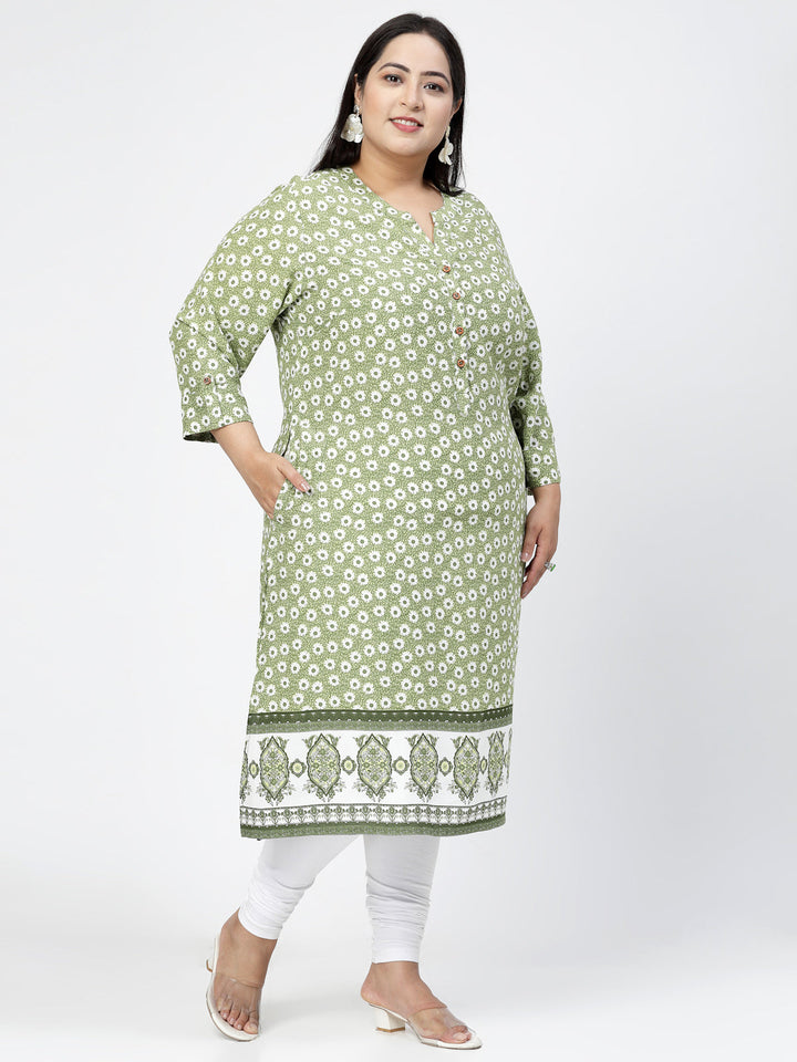 Plus Size Olive Green & White Floral Printed Notch Neck Straight Kurta