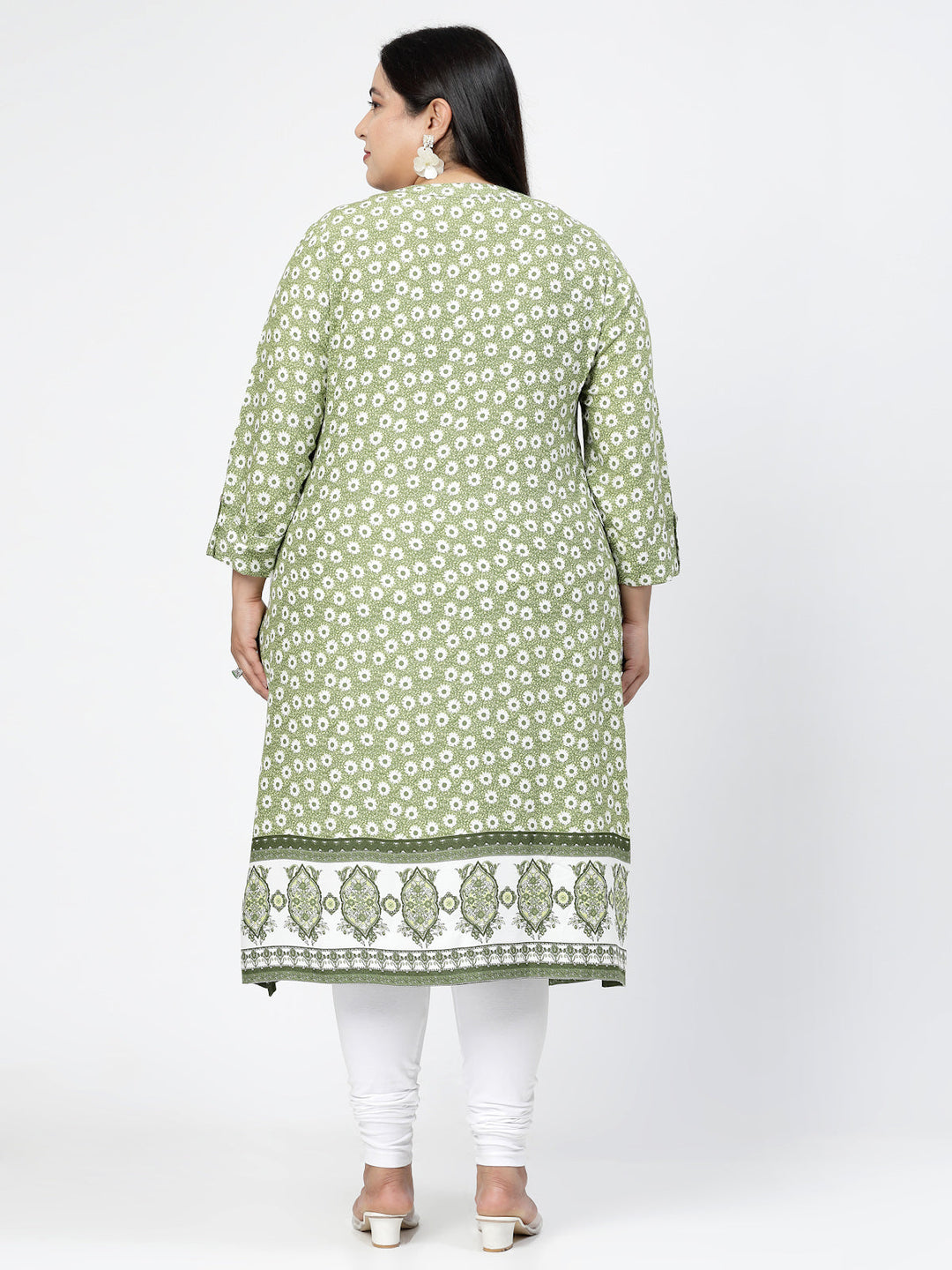 Plus Size Olive Green & White Floral Printed Notch Neck Straight Kurta