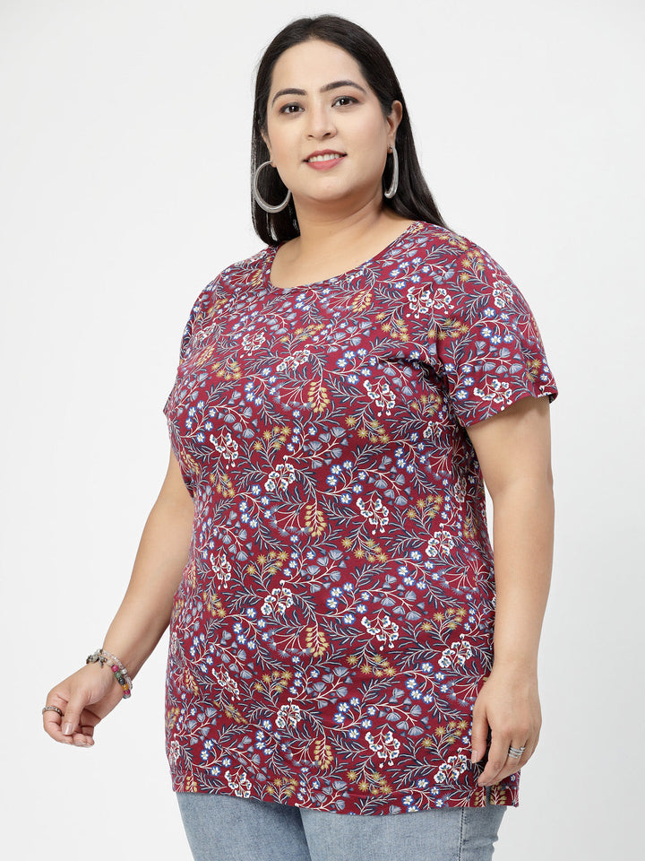 Round Neck Short Sleeves Floral Printed Cotton Regular Fit Plus Size T-shirt