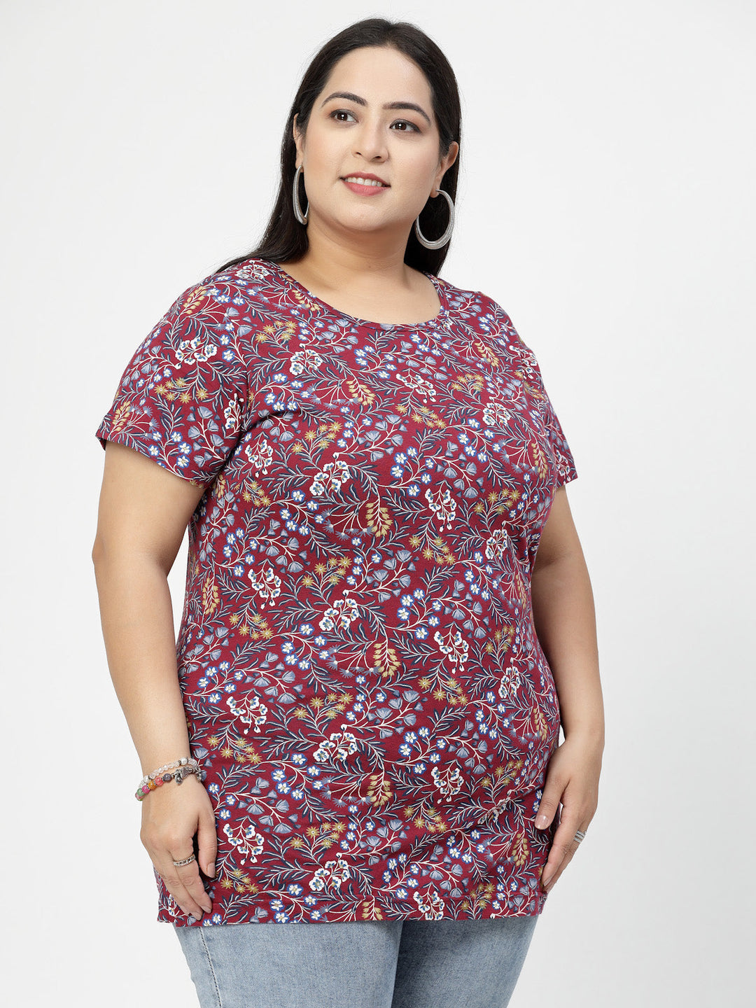 Round Neck Short Sleeves Floral Printed Cotton Regular Fit Plus Size T-shirt