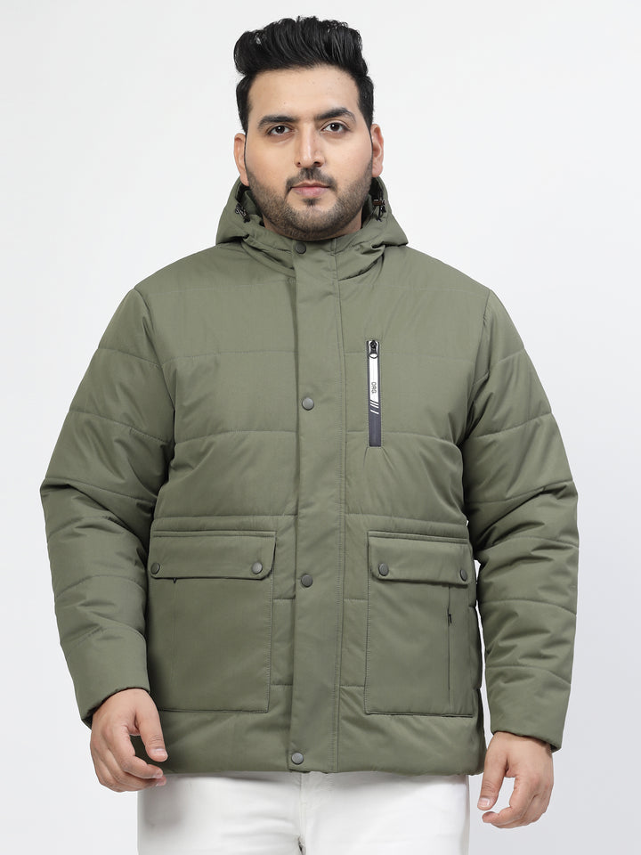 Men Olive Green Solid Padded Jacket