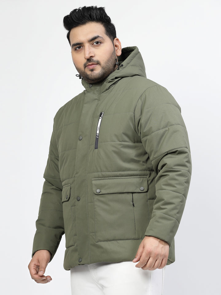 Men Olive Green Solid Padded Jacket