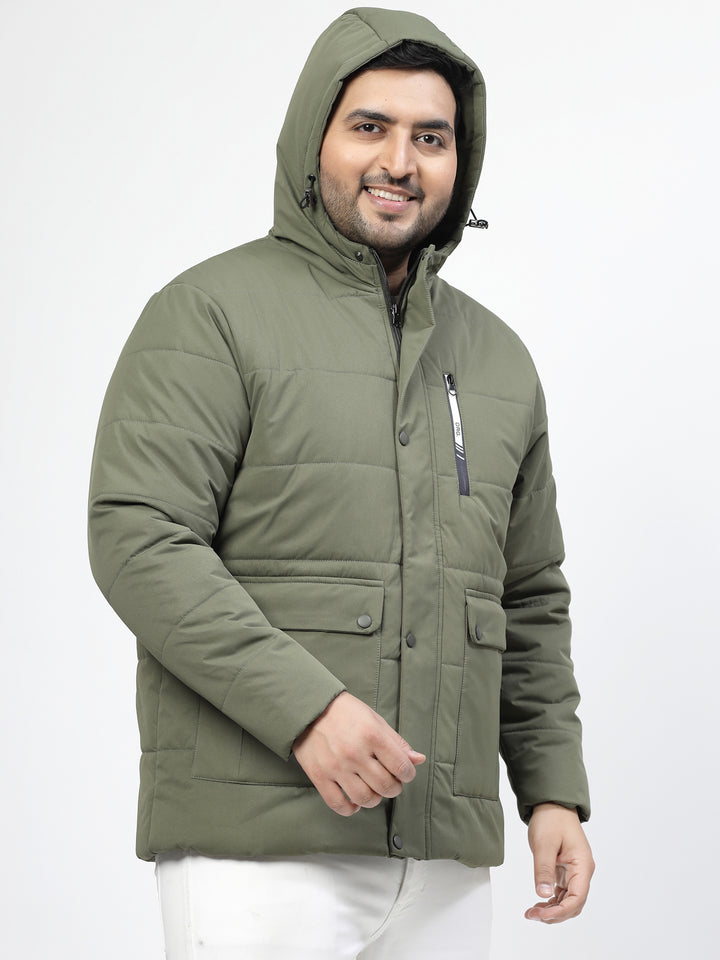 Men Olive Green Solid Padded Jacket