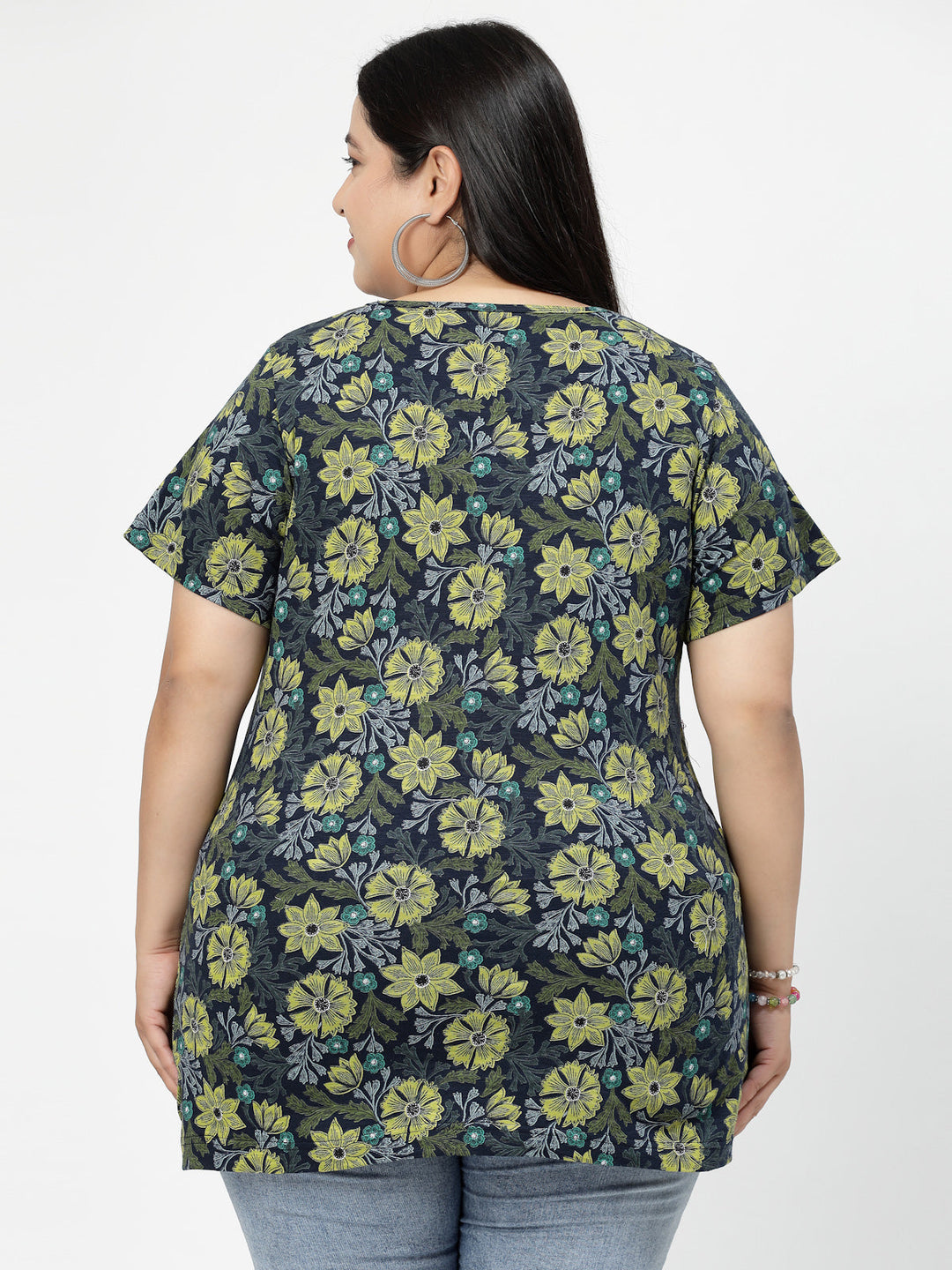 Round Neck Short Sleeves Floral Printed Cotton Regular Fit Plus Size T-shirt