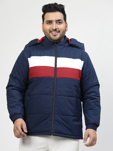 Men Navy Blue & White Striped Detail Padded Jacket