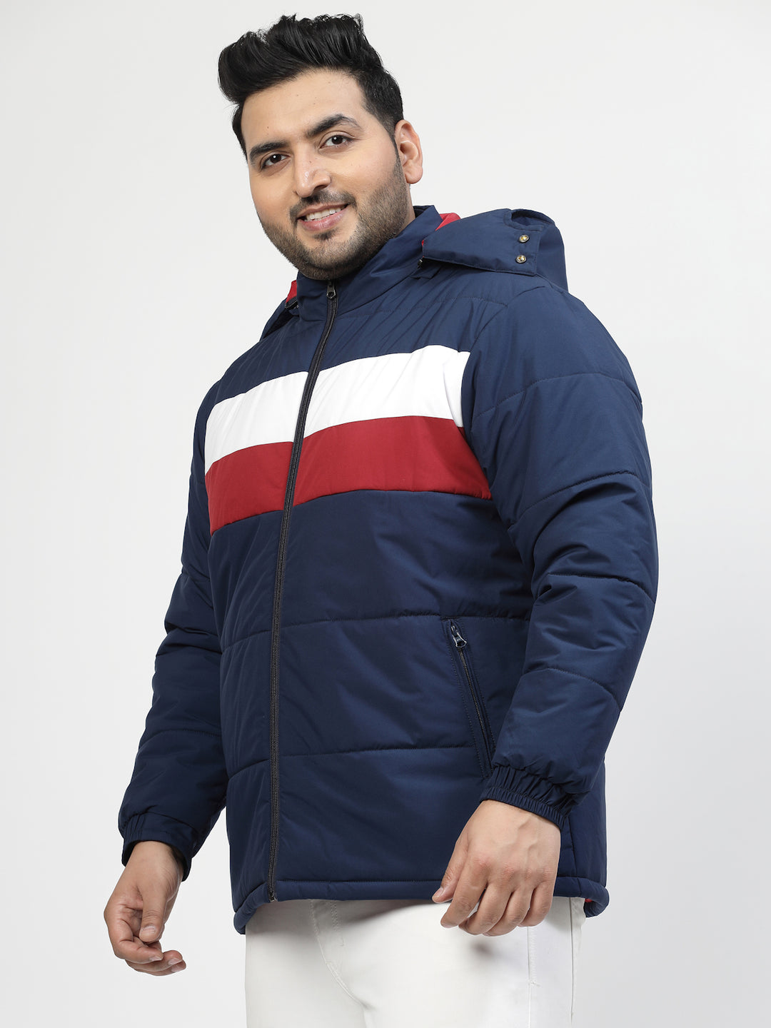 Men Navy Blue & White Striped Detail Padded Jacket