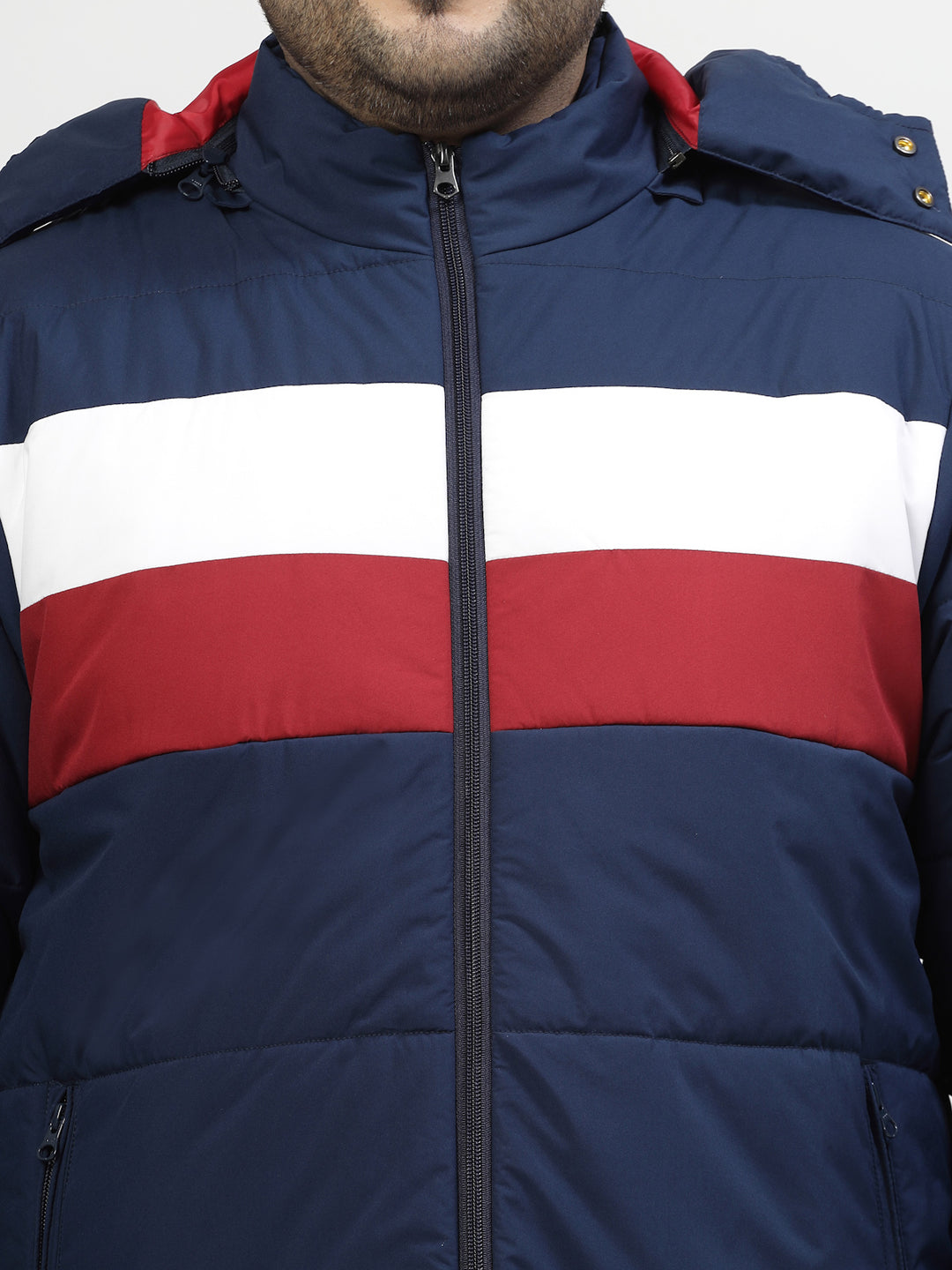 Men Navy Blue & White Striped Detail Padded Jacket