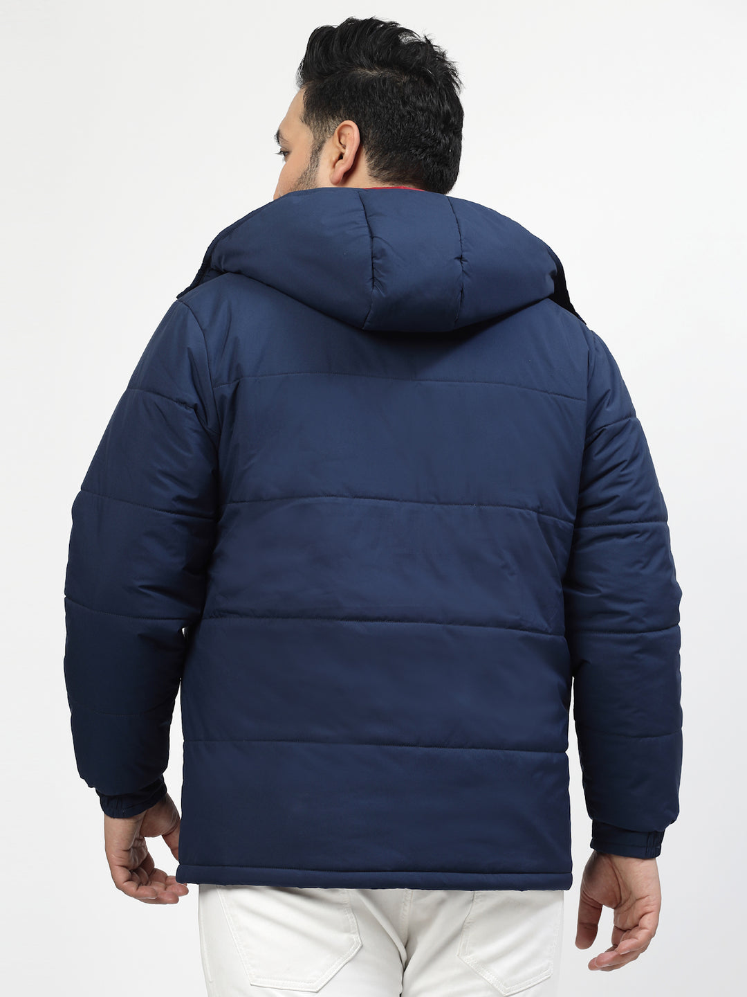 Men Navy Blue & White Striped Detail Padded Jacket