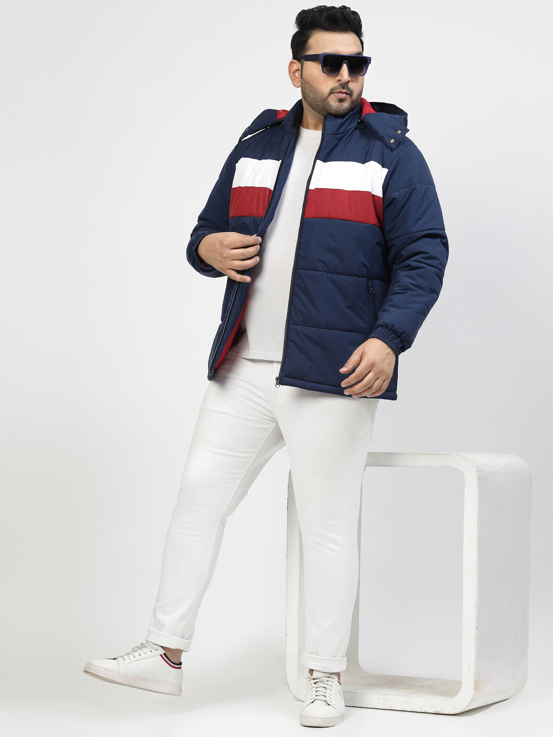 Men Navy Blue & White Striped Detail Padded Jacket