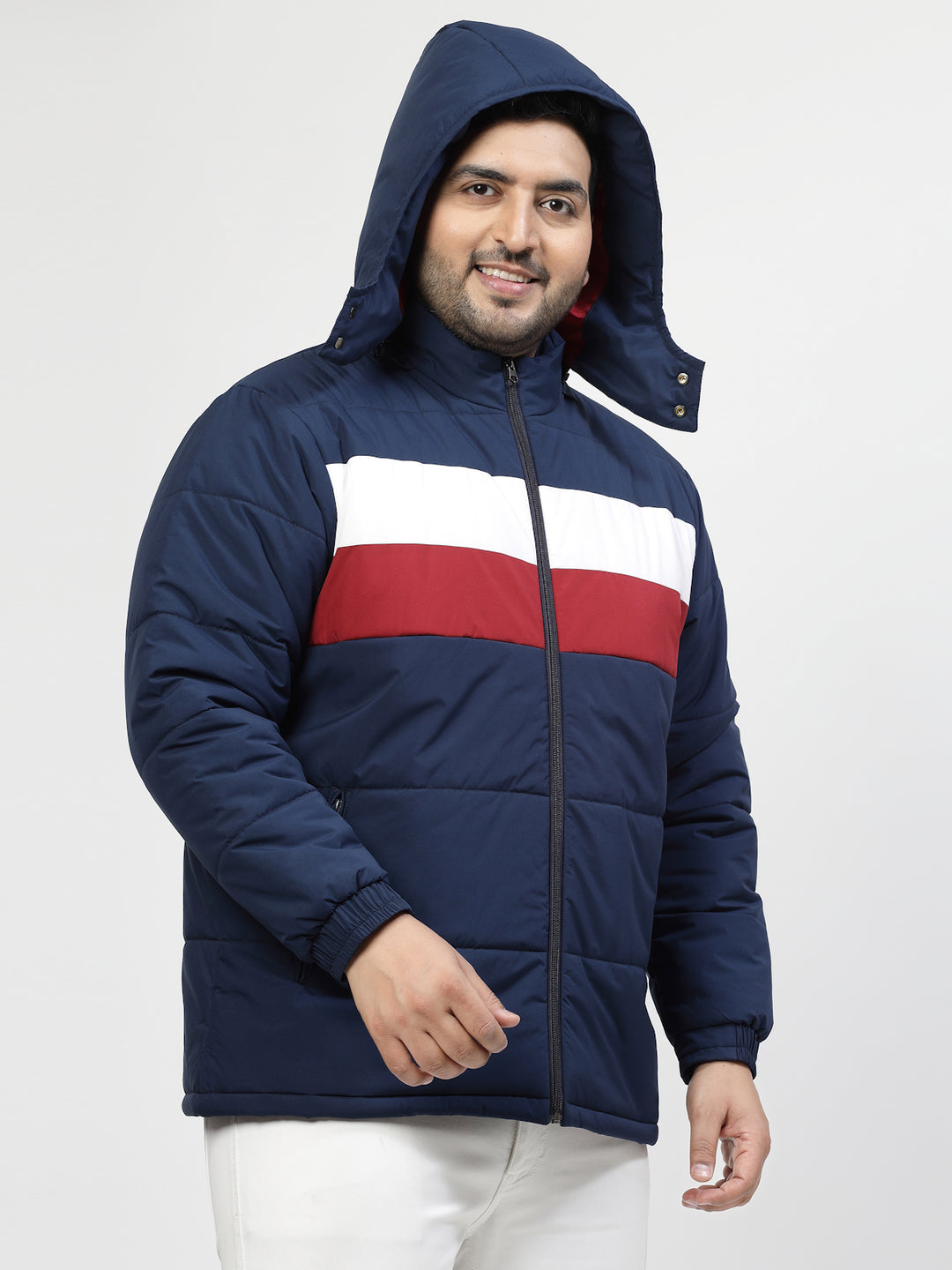 Men Navy Blue & White Striped Detail Padded Jacket