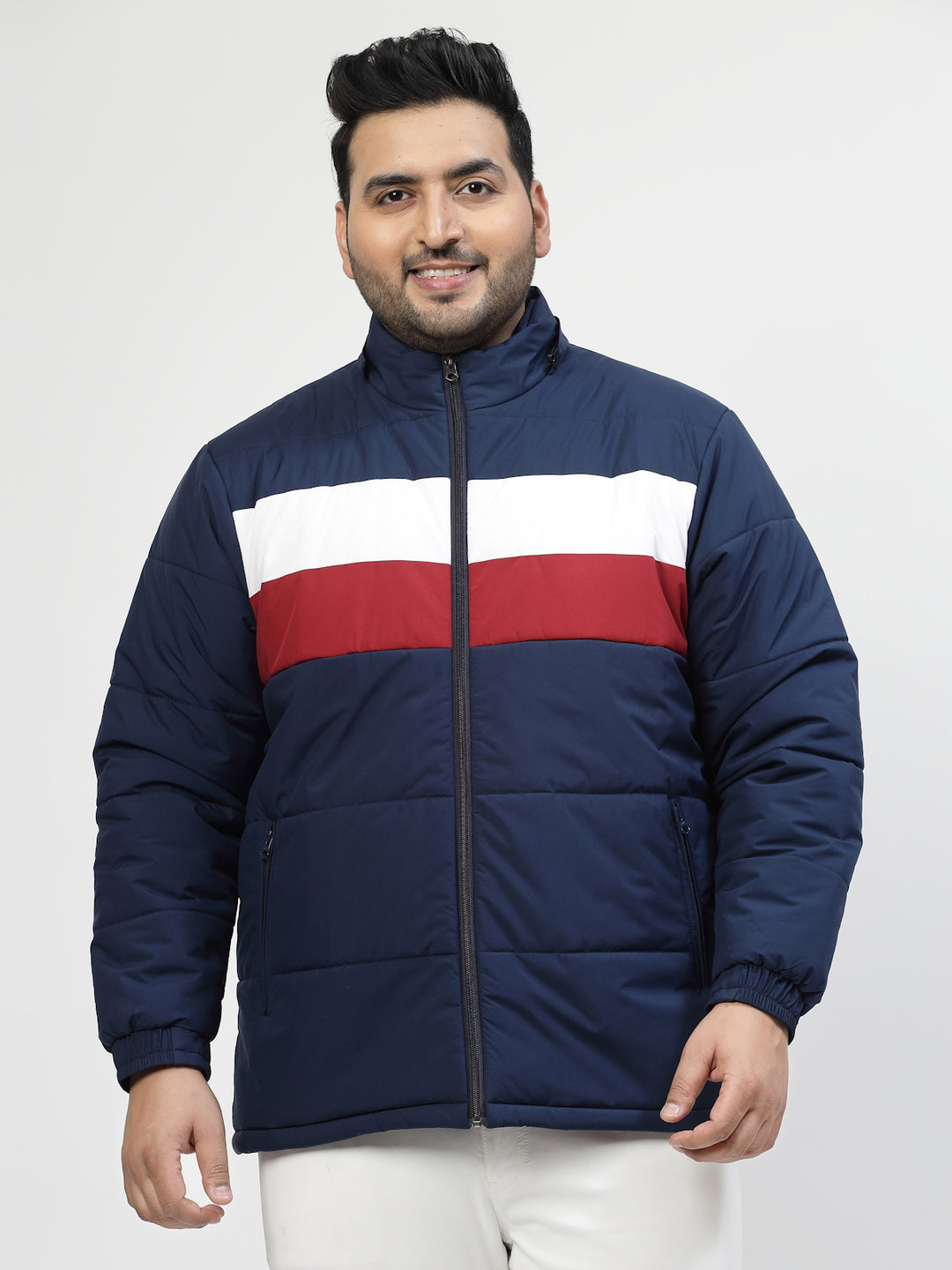 Men Navy Blue & White Striped Detail Padded Jacket