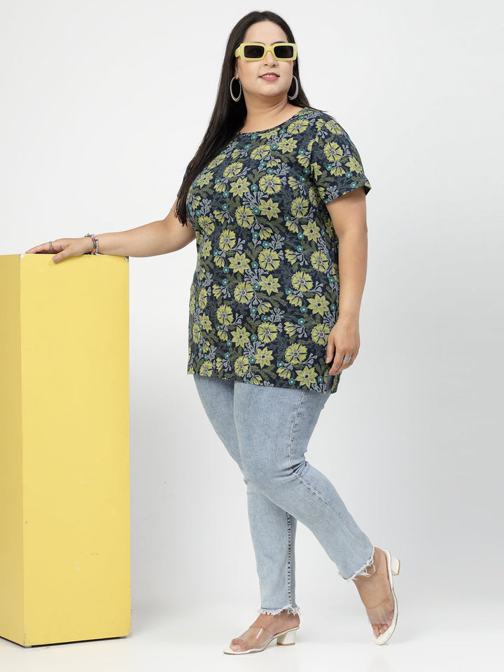 Round Neck Short Sleeves Floral Printed Cotton Regular Fit Plus Size T-shirt