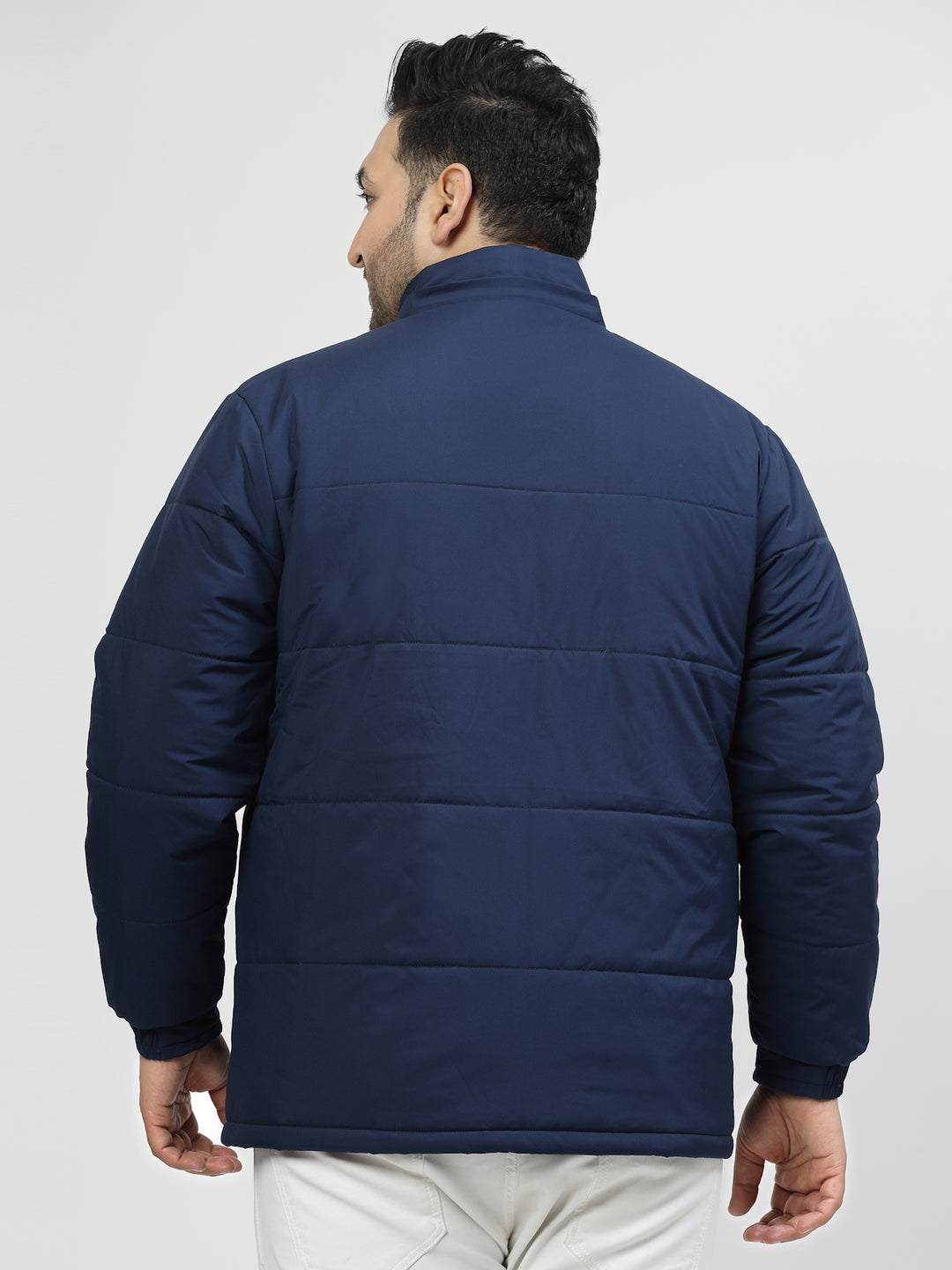 Men Navy Blue & White Striped Detail Padded Jacket