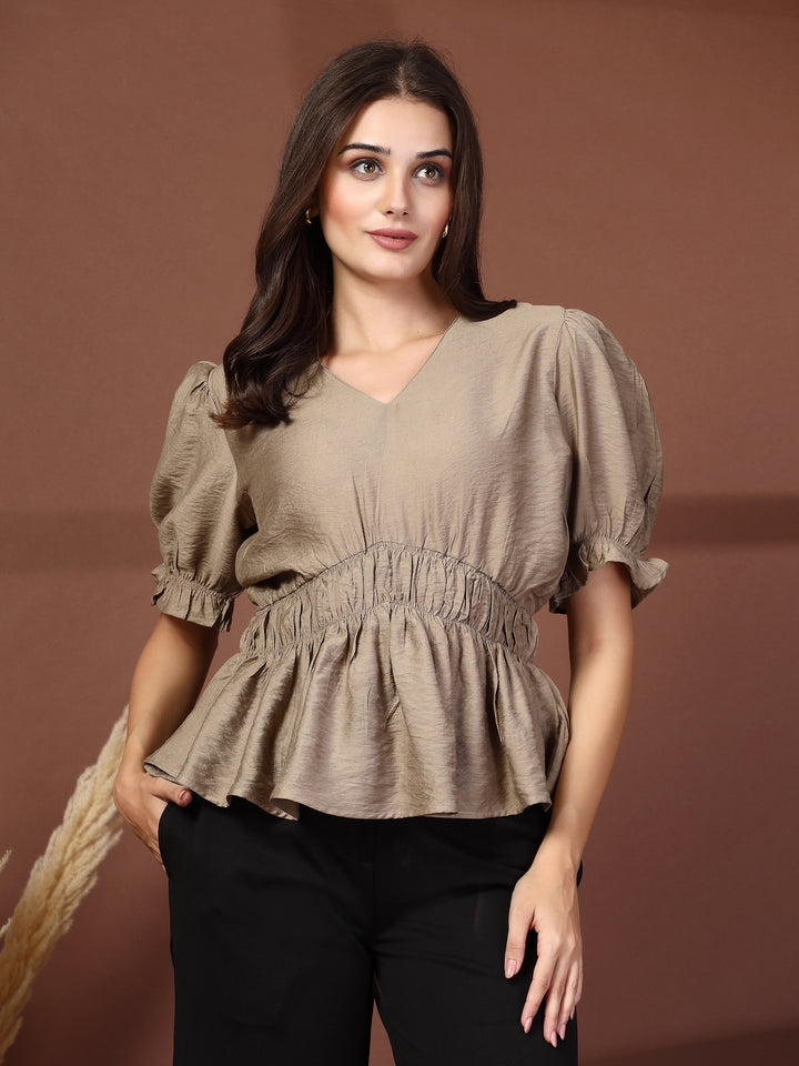 Women V-Neck Cinched Waist Top