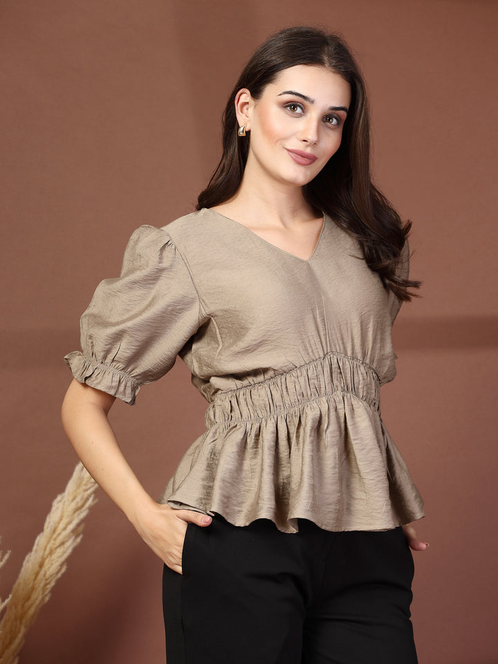 Women V-Neck Cinched Waist Top