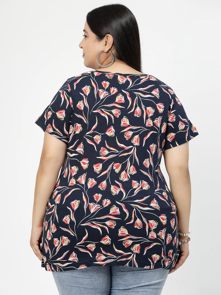 Plus Size Floral Printed Round Neck Short Sleeves Cotton T-shirt