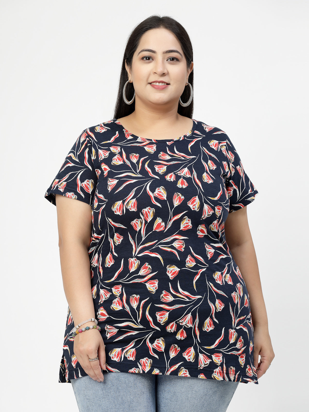 Plus Size Floral Printed Round Neck Short Sleeves Cotton T-shirt