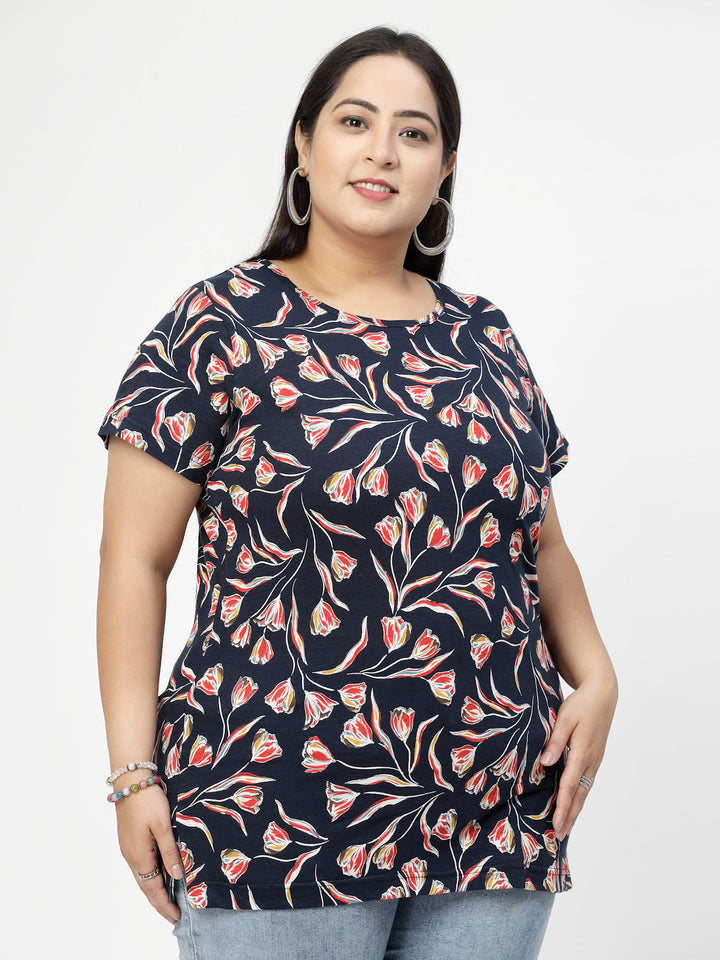 Plus Size Floral Printed Round Neck Short Sleeves Cotton T-shirt